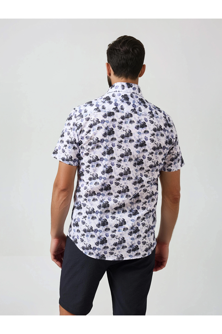 Linen Floral Palm Print SS Button-Up Shirt, Alternate, color, Navy