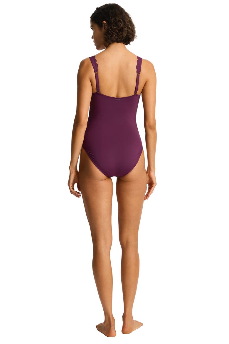 Scalloped Plunge One-Piece Swimsuit, Alternate, color, CLARET