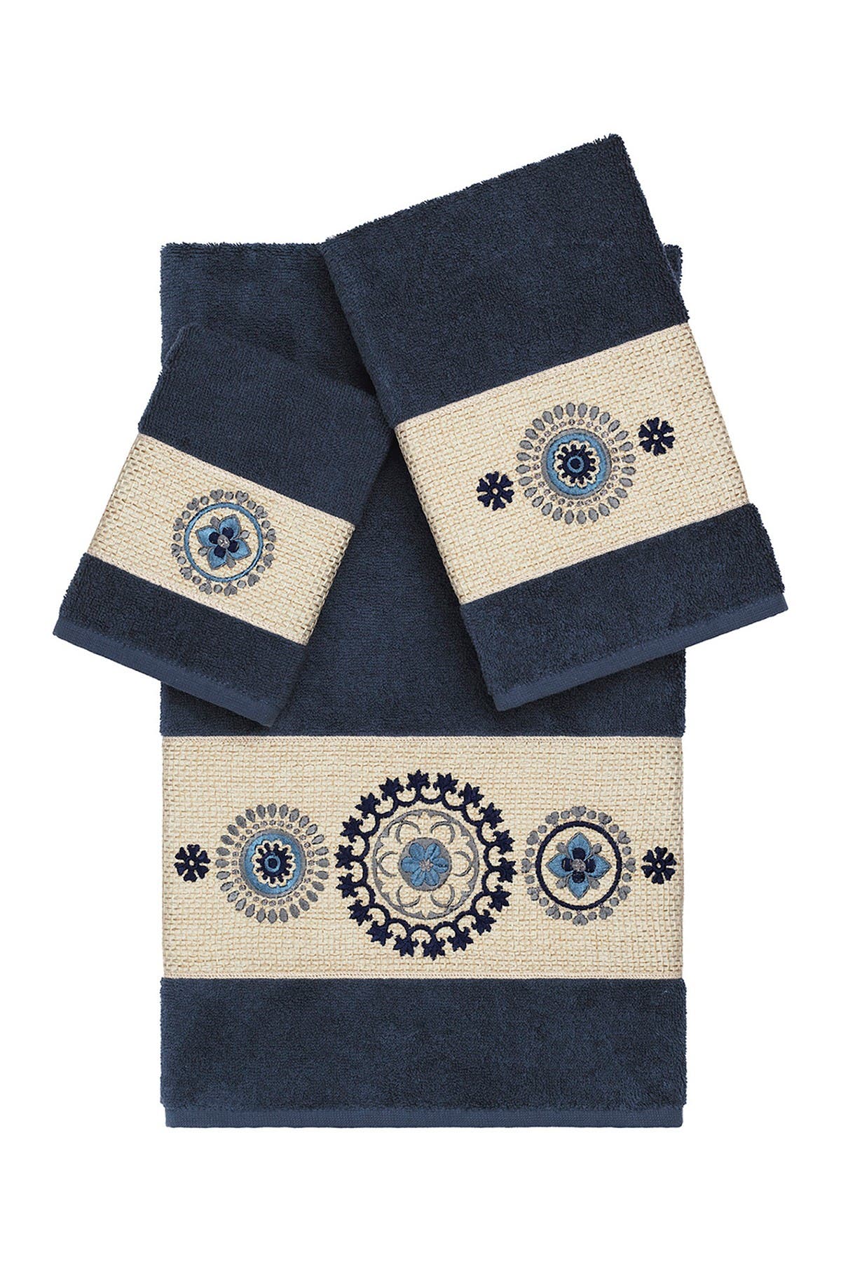 Linum Home Textiles Isabelle 3-Piece Embellished Towel Set - Midnight Blue