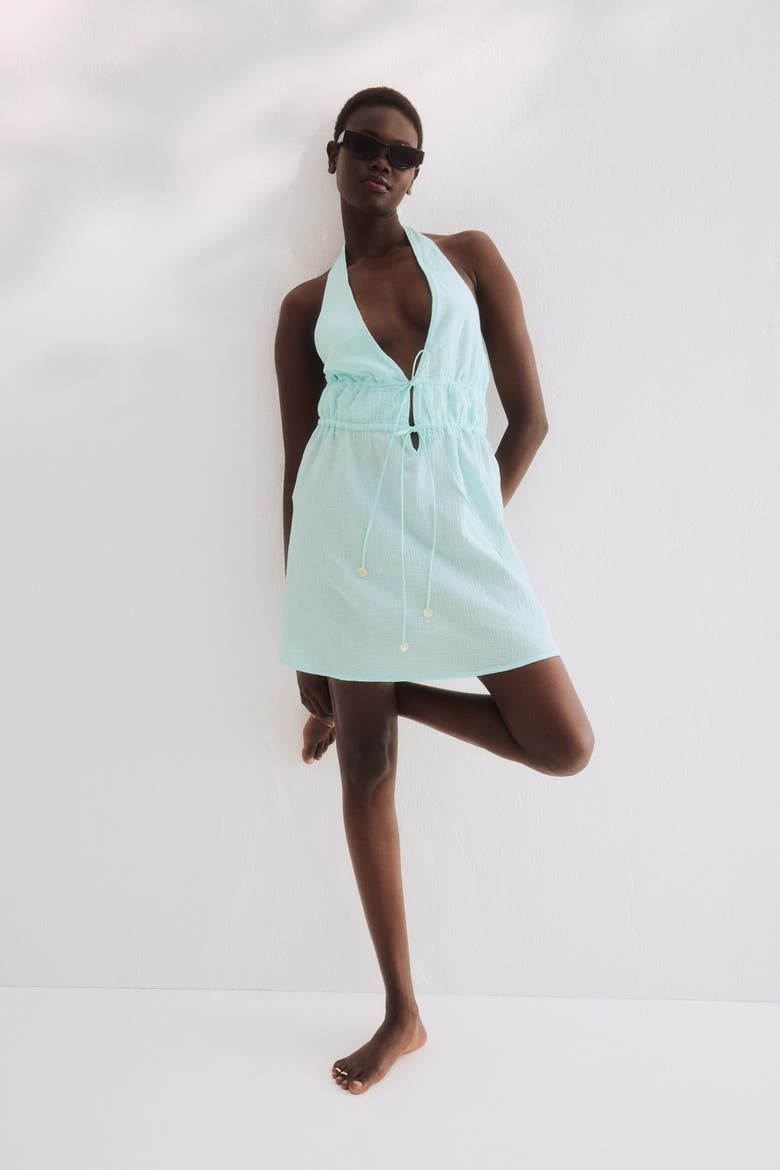 Cotton Halterneck Beach Dress, Alternate, color, Light turquoise