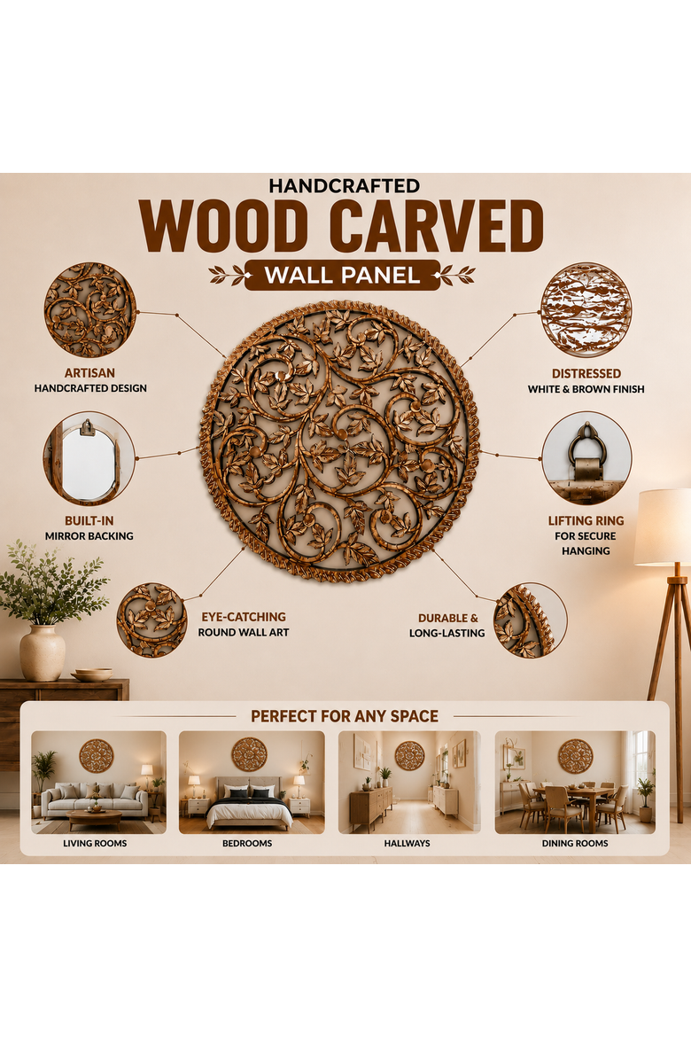 Round Wood Handcarved Wall Panel with Mirror, Alternate, color, White