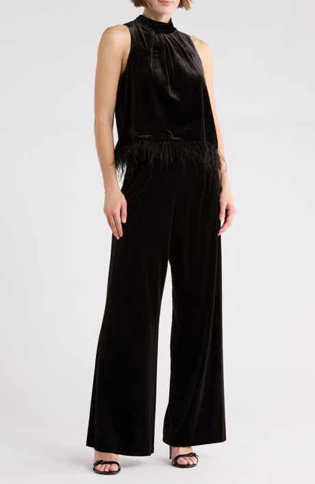 Julia Jordan Two-Piece Feather Trim Velvet Top & Wide Leg Velvet Pant Set
