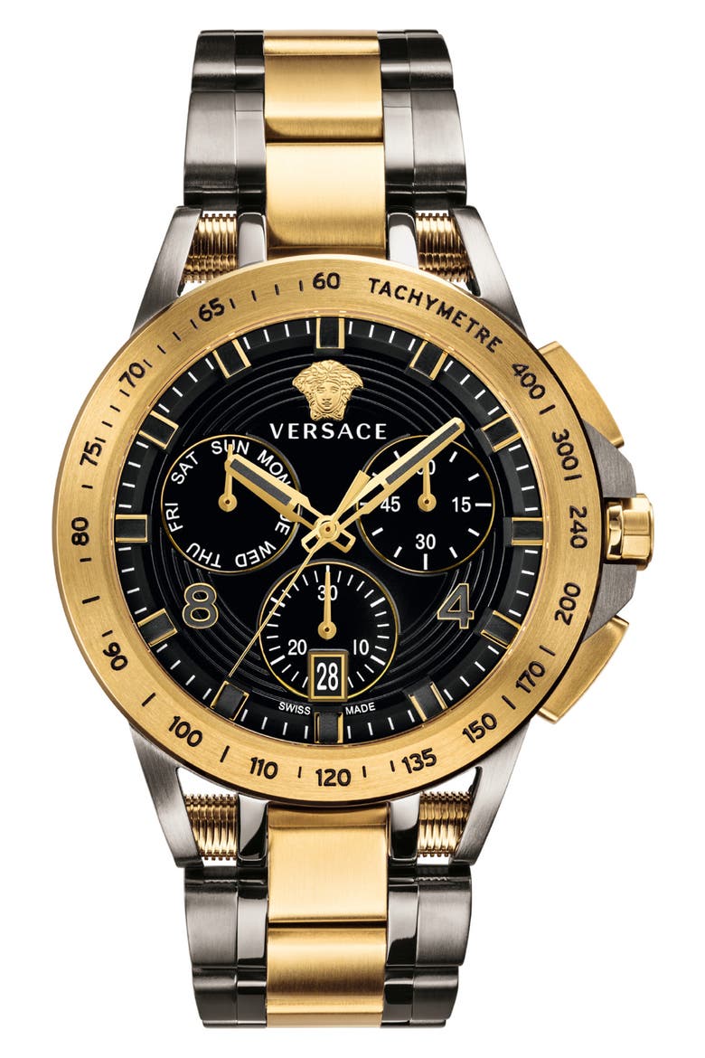 Sport Tech Chronograph Bracelet Watch, 45mm, Main, color, GUNMETAL/ BLACK/ GOLD