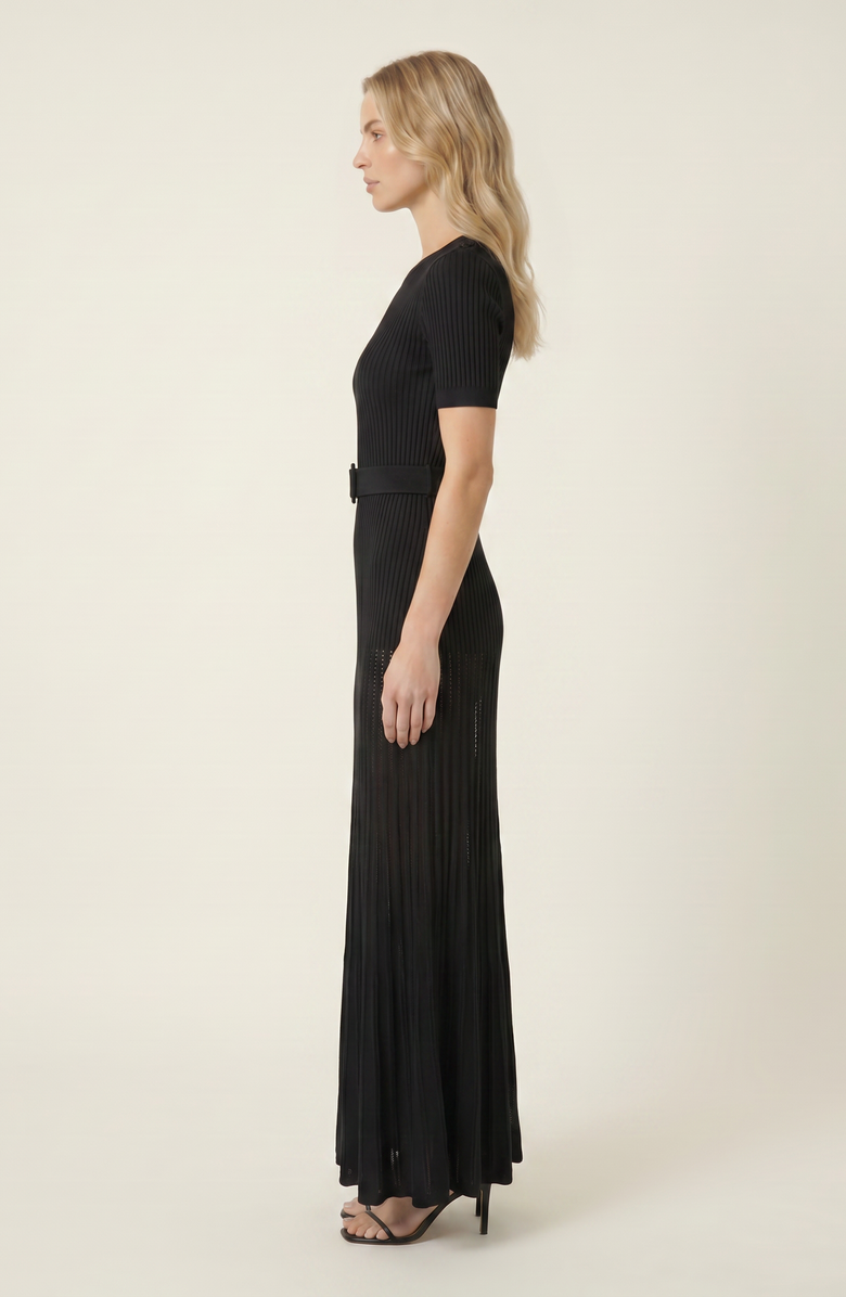 Modenaire Ribbed Knit Belted Waist Pleated Midi Dress, Alternate, color, Black