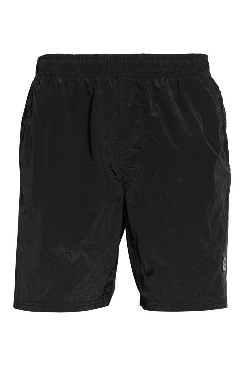 Logo Patch Nylon Metal Swim Trunks, Alternate, color, BLACK