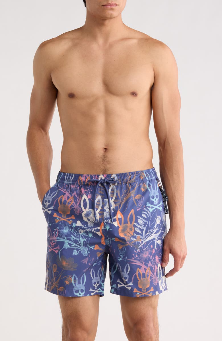 Psycho Bunny Santino Print Swim Shorts, Main, color, Gray Blue