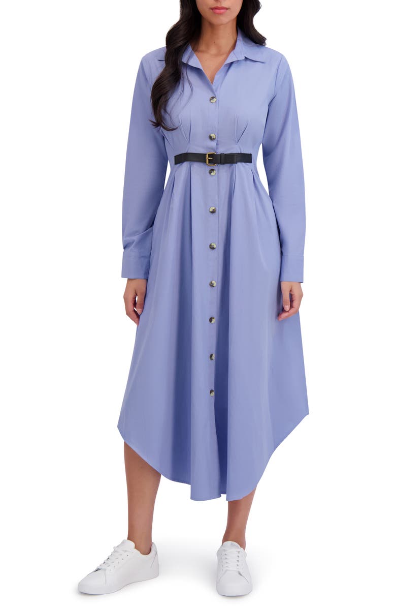London Times Long Sleeve Belted Asymmetric Shirtdress, Main, color, Blue