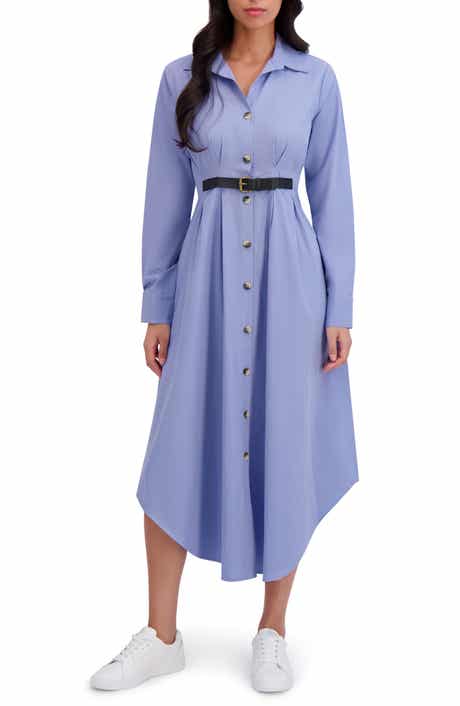 London Times Long Sleeve Belted Asymmetric Shirtdress