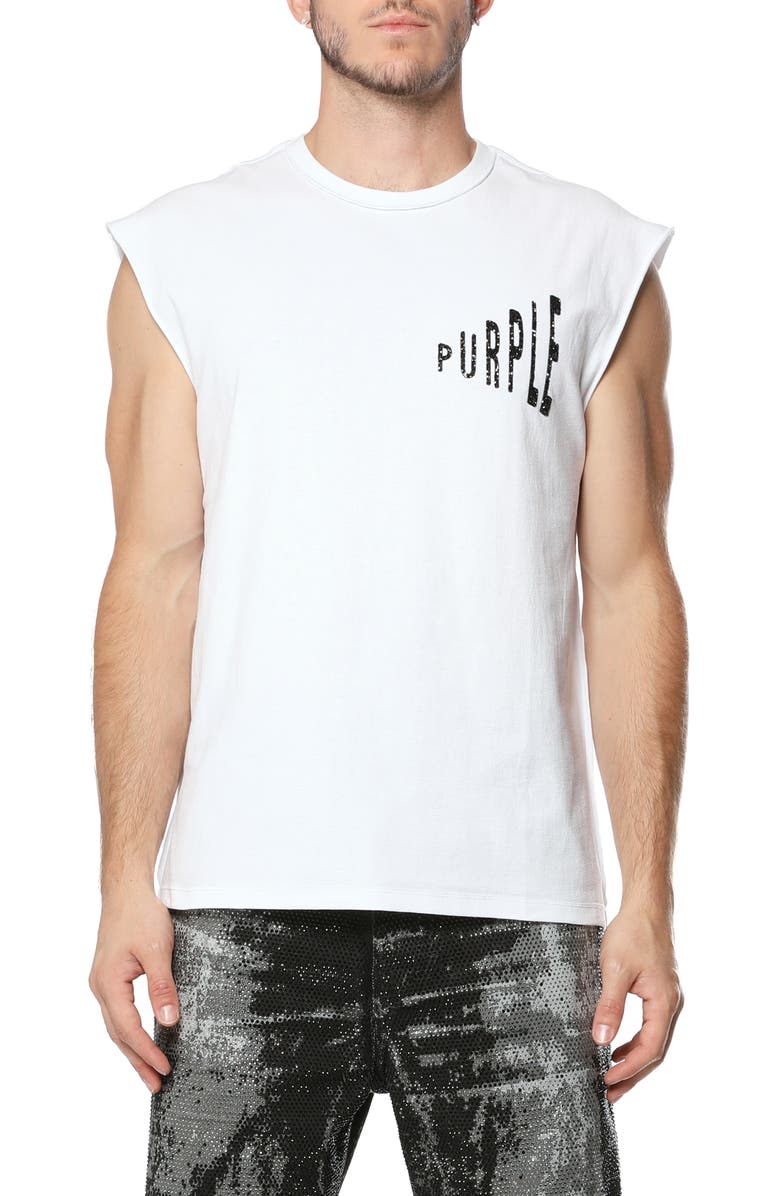 PURPLE BRAND Textured Sleeveless Cotton Graphic T-Shirt, Main, color, White