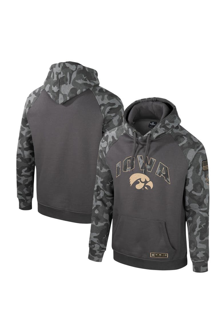 Men's Colosseum Charcoal Iowa Hawkeyes OHT Military Appreciation Camo Raglan Pullover Hoodie, Alternate, color, Charcoal
