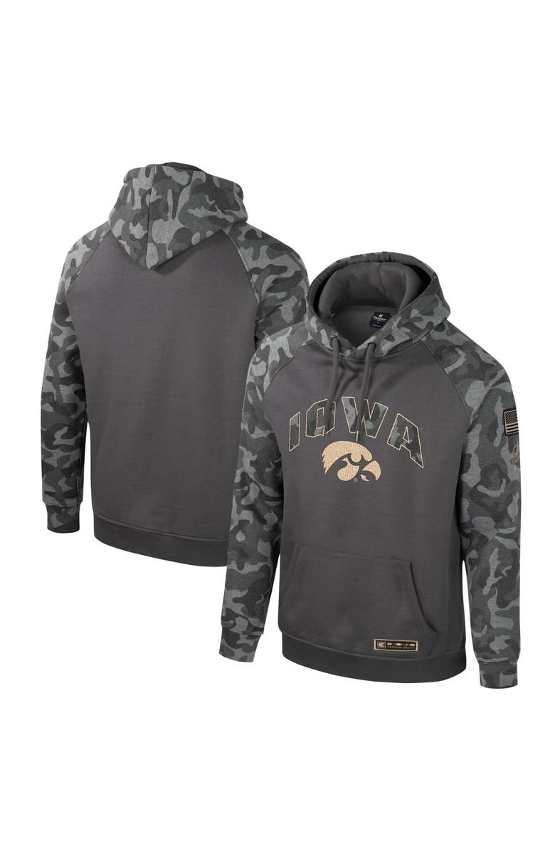 COLOSSEUM Men's Colosseum Charcoal Iowa Hawkeyes OHT Military Appreciation Camo Raglan Pullover Hoodie, Alternate, color, Charcoal