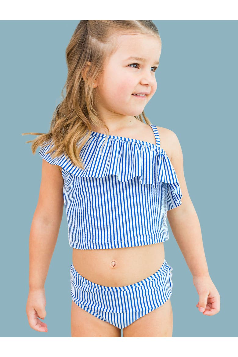 UPF50+ Sun Protected Seersucker One Shoulder Ruffle Tankini 2-Piece Swimsuit, Alternate, color, Blue Seersucker
