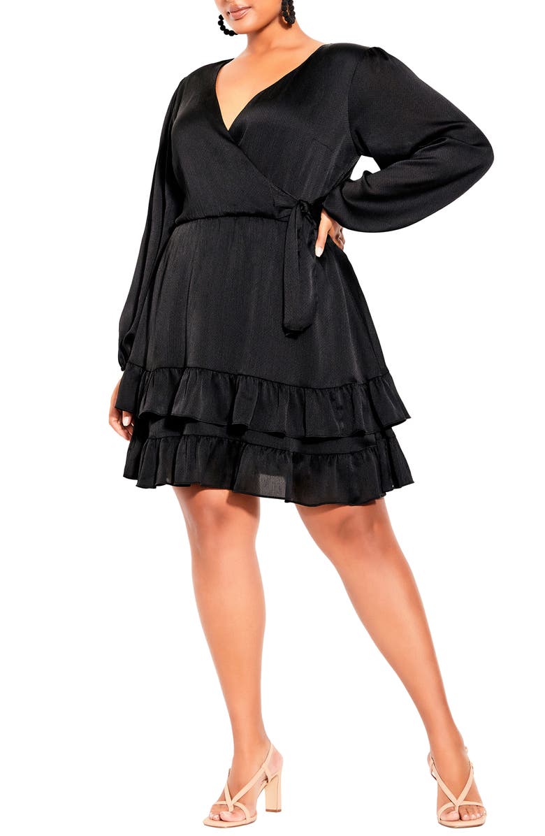 City Chic Arya Long Sleeve Faux Wrap Satin Dress, Main, color,