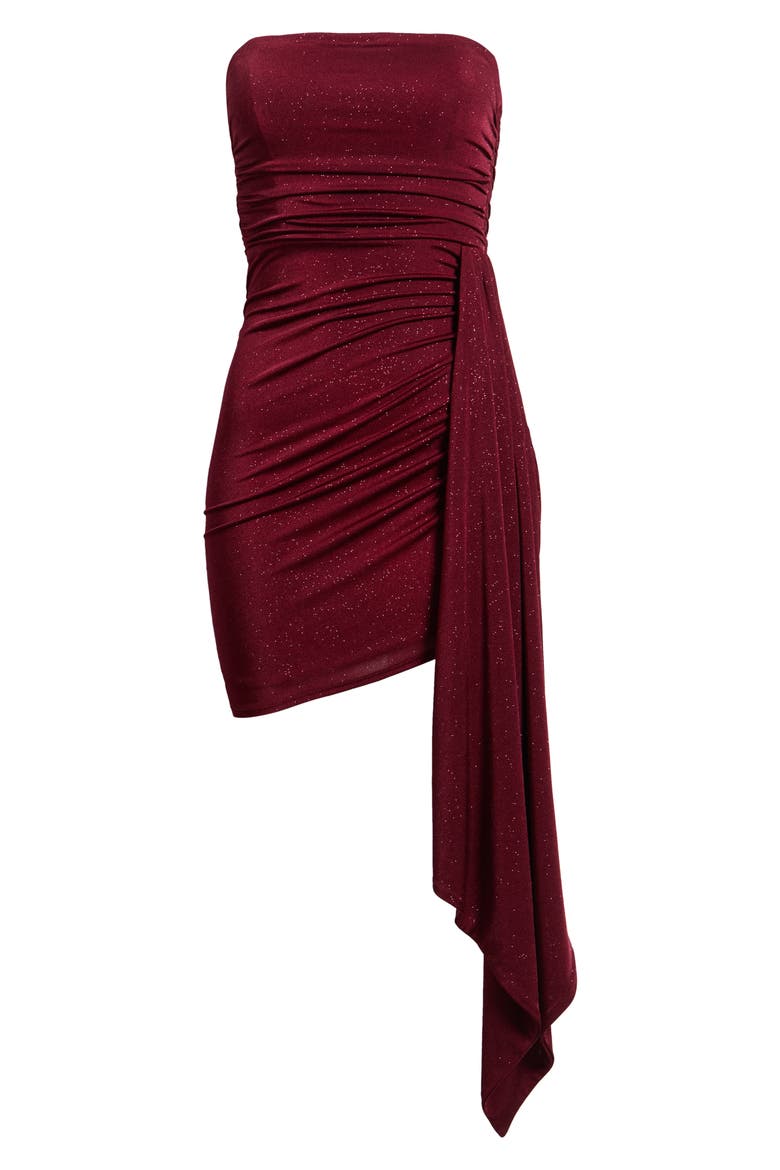 Glitter Knit Strapless Minidress with Side Drape, Alternate, color, WINE