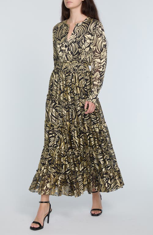Elie Tahari The Francesca Burnout Long Sleeve Maxi Dress In Mystic Gold Floral Burnout
