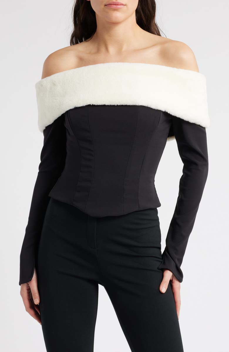 Mistress Rocks Faux Fur Trim Corset Top, Main, color,