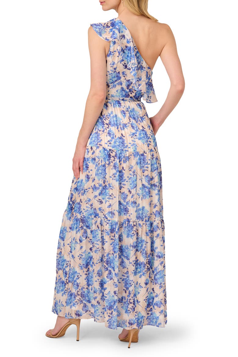 Metallic Ruffle One-Shoulder Maxi Cocktail Dress, Alternate, color, CHAMPAGNE/ BLUE MULTI