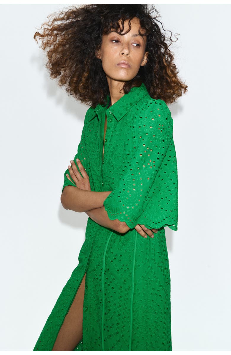 H&M Broderie-anglaise Cotton Shirt Dress, Alternate, color, Green