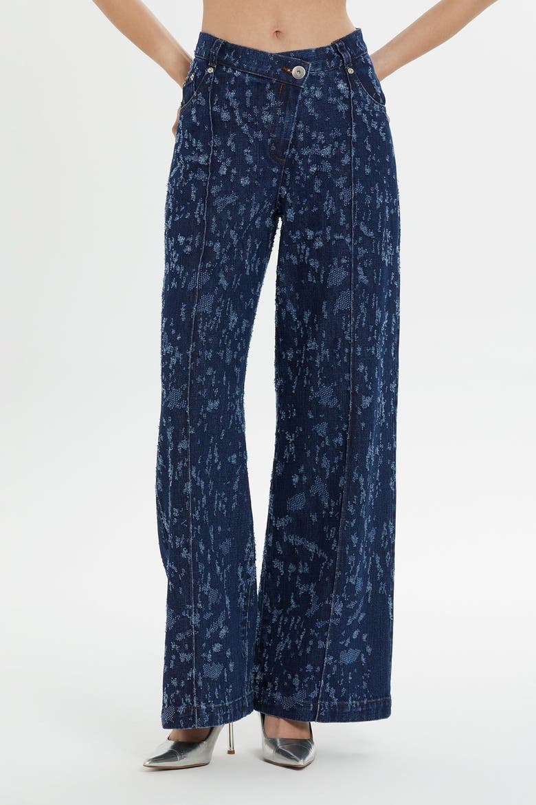Belt and Button Detail Front Single-Pleat Wide-Leg Denim Pants, Alternate, color, Navy