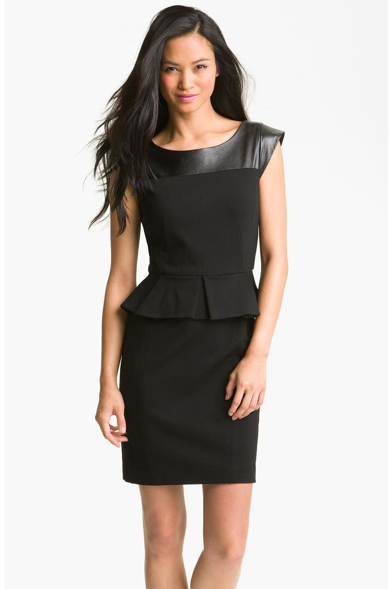 'Dylan' Leather Yoke Peplum Sheath Dress, Main, color, BLACK