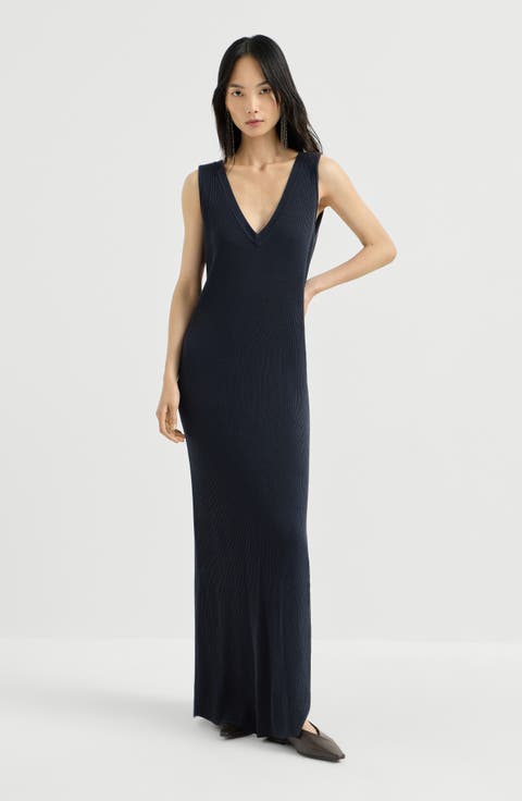 Cotton rib knit dress with precious strap
