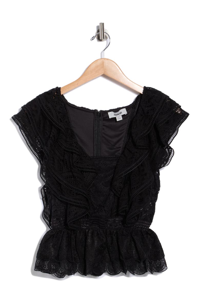 Ruffle Lace Peplum Top, Alternate, color, BLACK