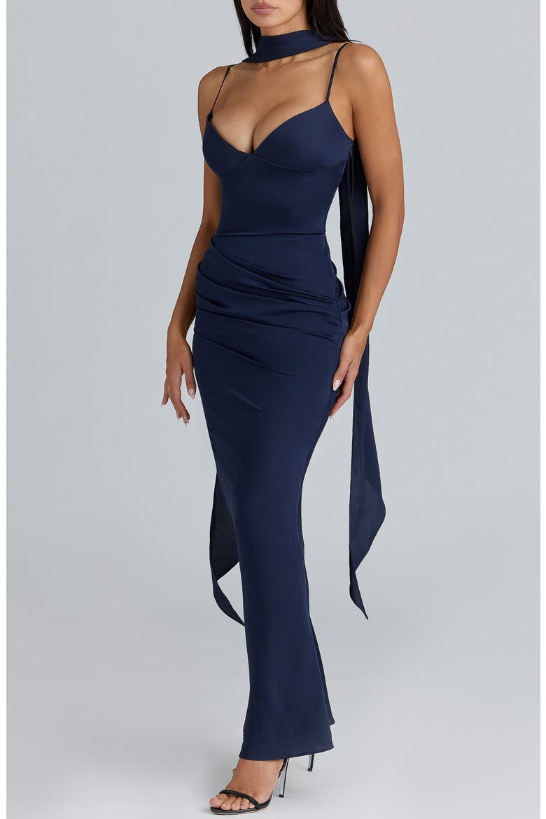Freya Gathered Satin Spaghetti Strap Gown with Scarf, Alternate, color, NAVY
