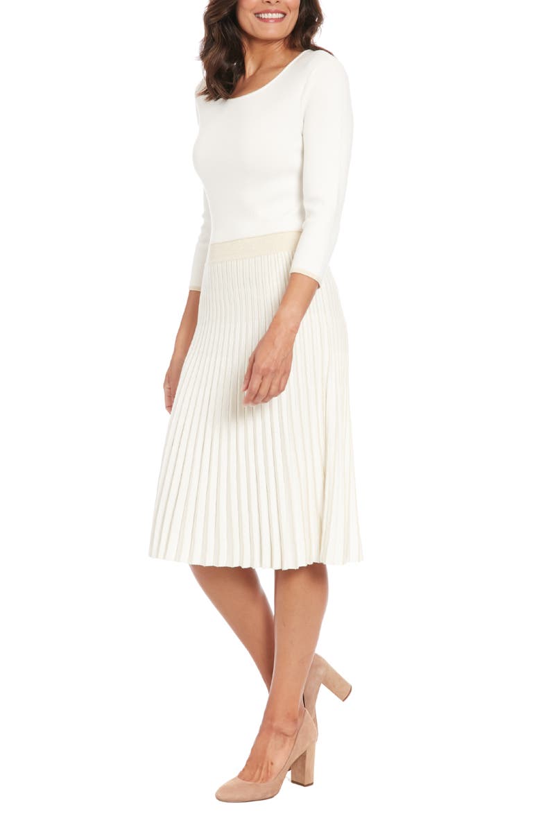 London Times Long Sleeve Pleated Sweater Dress, Alternate, color, Ivory