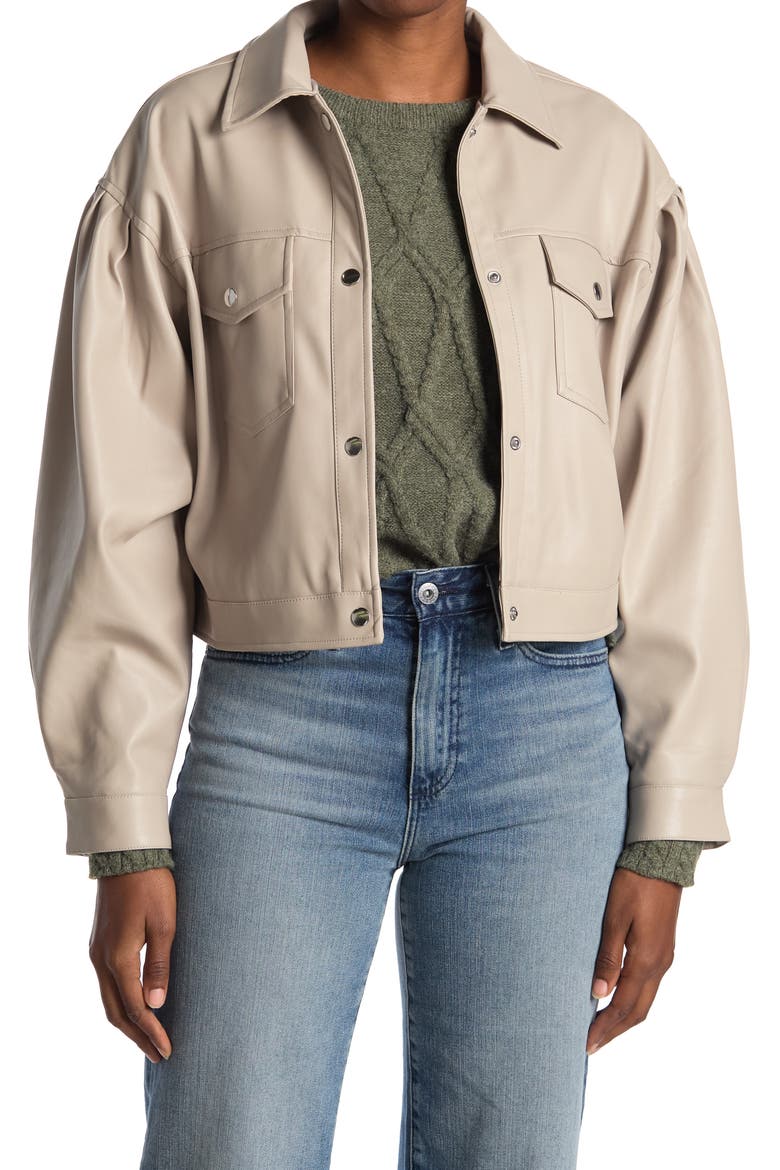 Faux Leather Button Front Jacket, Main, color, PALE GREY