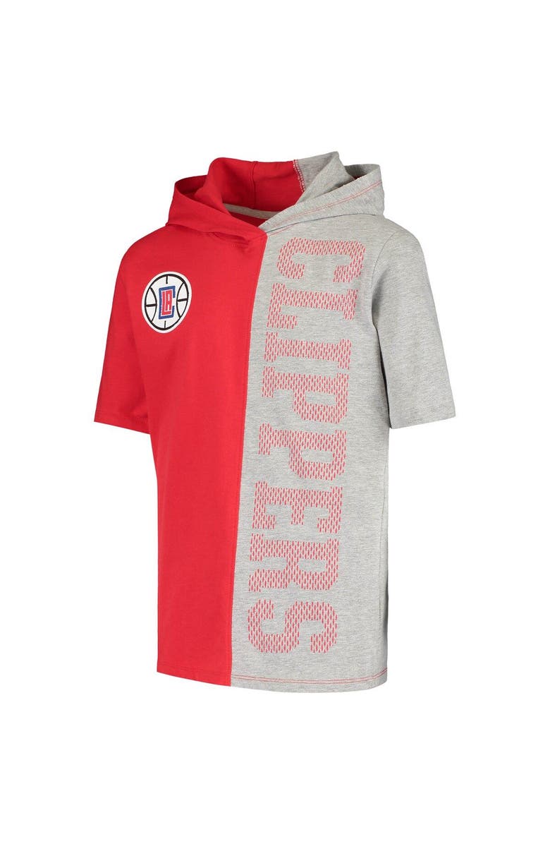 Outerstuff Youth Heathered Gray/Red LA Clippers Posterize Short Sleeve Pullover Hoodie, Alternate, color,