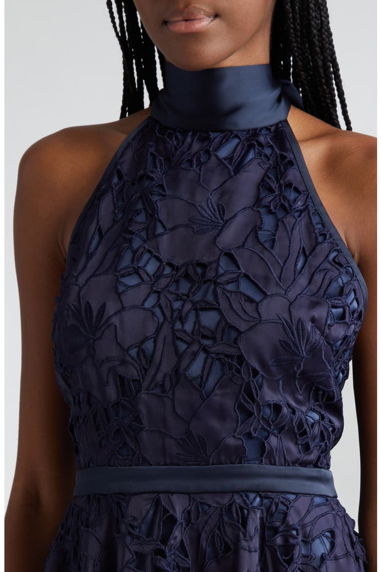Leyla Floral Cutout Halter Minidress, Alternate, color, NAVY SATEEN FLORAL CUTOUT