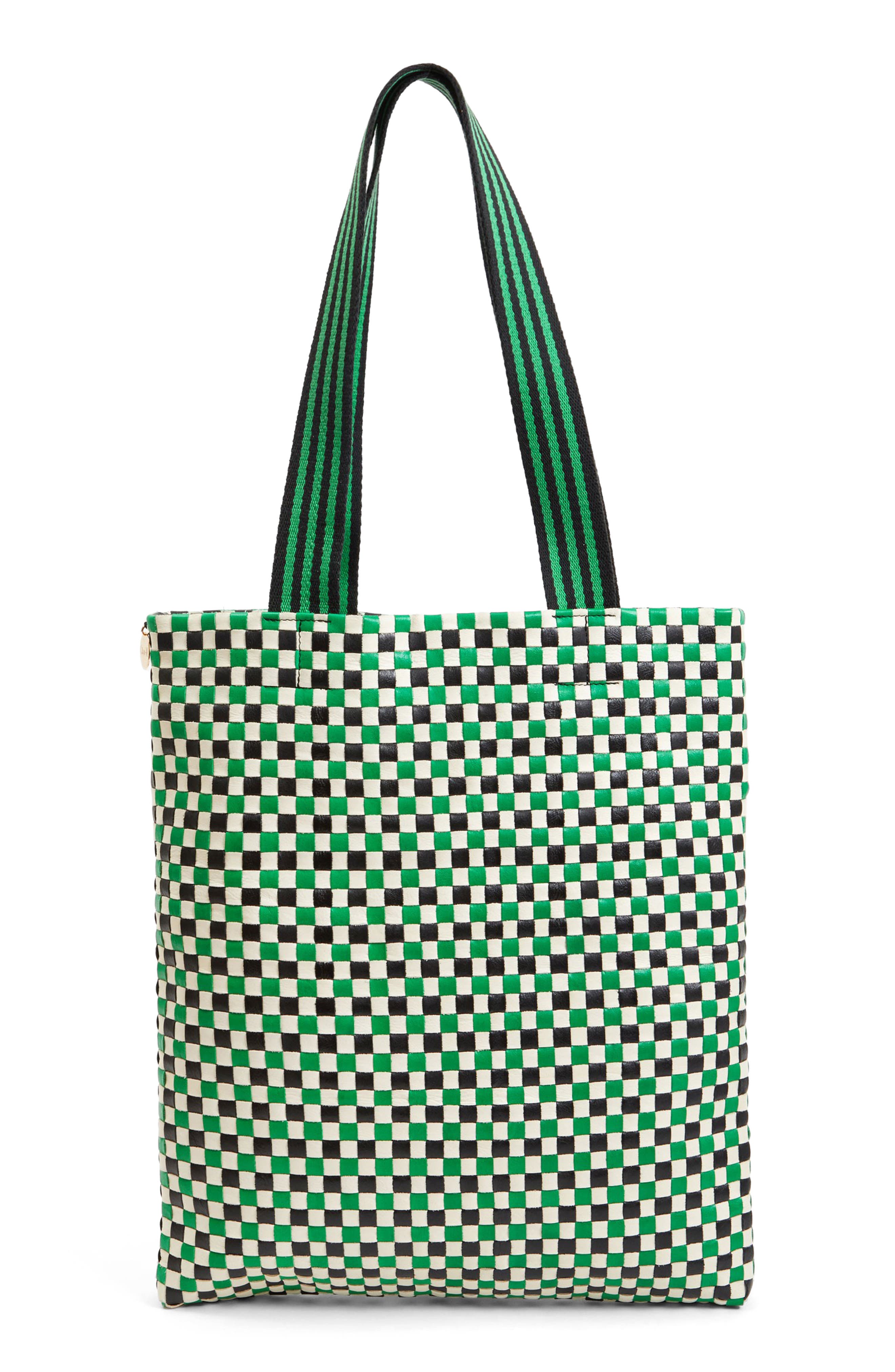 Clare V. Carryall Woven Leather Tote, Main, color, Green Apple Multi Woven Checke