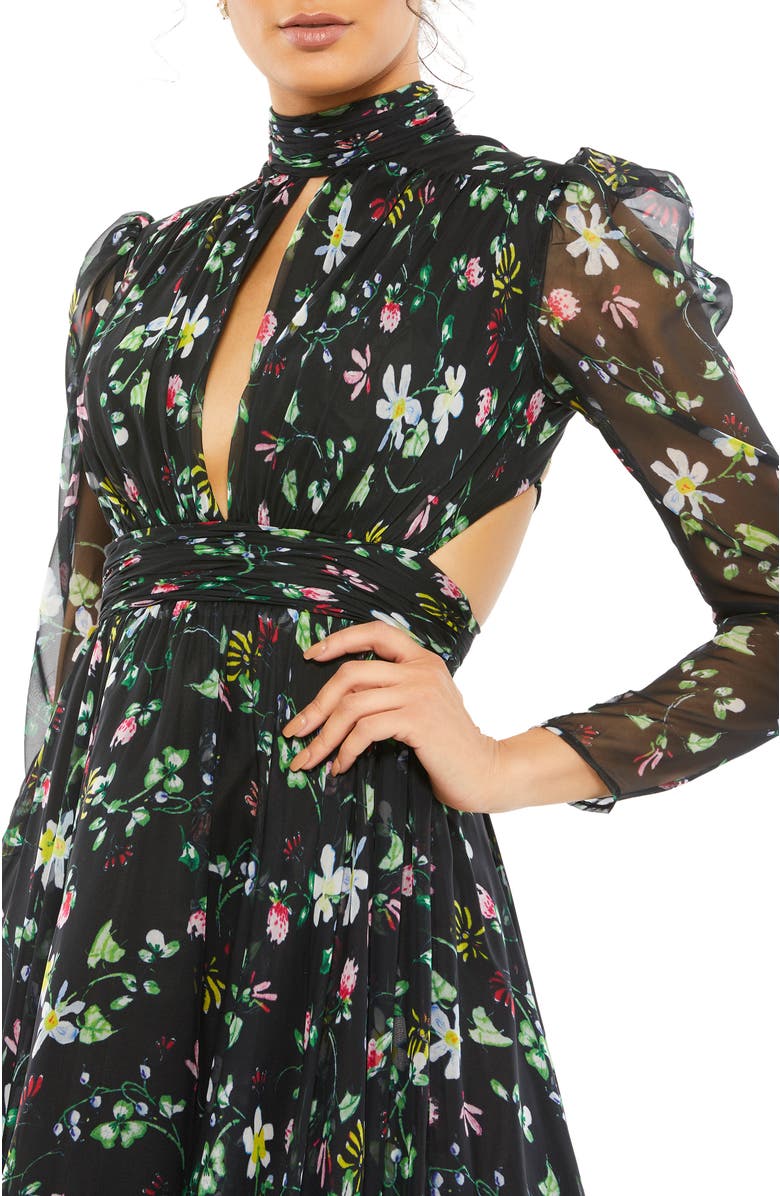 Mac Duggal Floral Chiffon High-Neck Gown with Sheer Puff Sleeves and Lace-Up Cutouts, Alternate, color, Black Floral