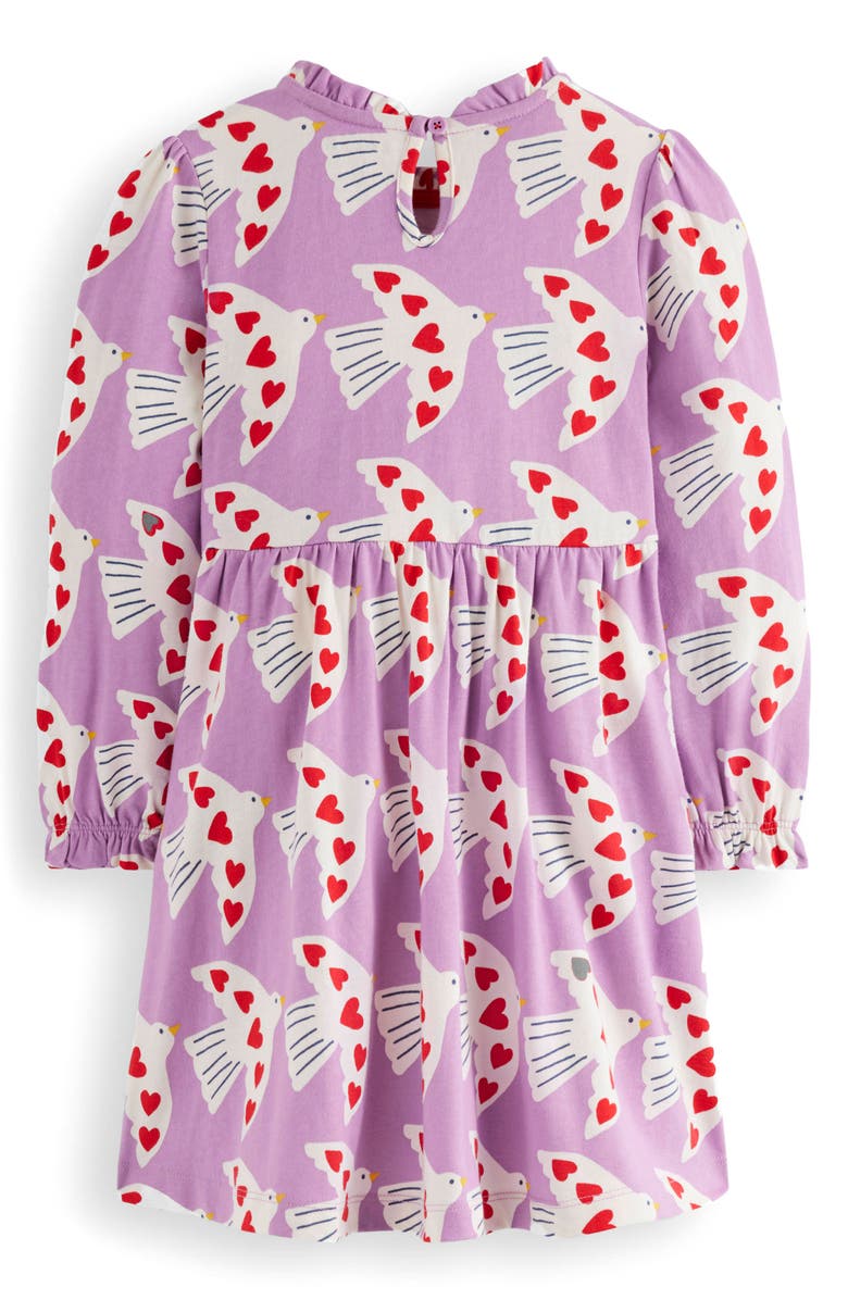 Mini Boden Kids' Love Birds Print Long Sleeve Cotton Jersey Dress, Alternate, color, Purple Love Birds