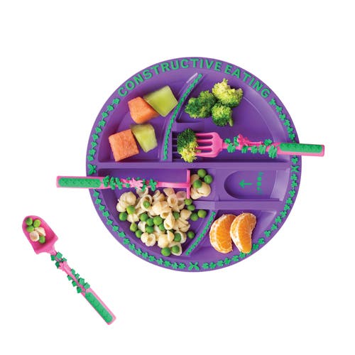 Constructive Eating Utensil And Divided Plate Set For Kids And Toddlers