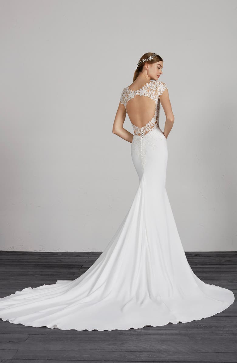 Pronovias Melva Beaded Crepe Mermaid Gown, Alternate, color,