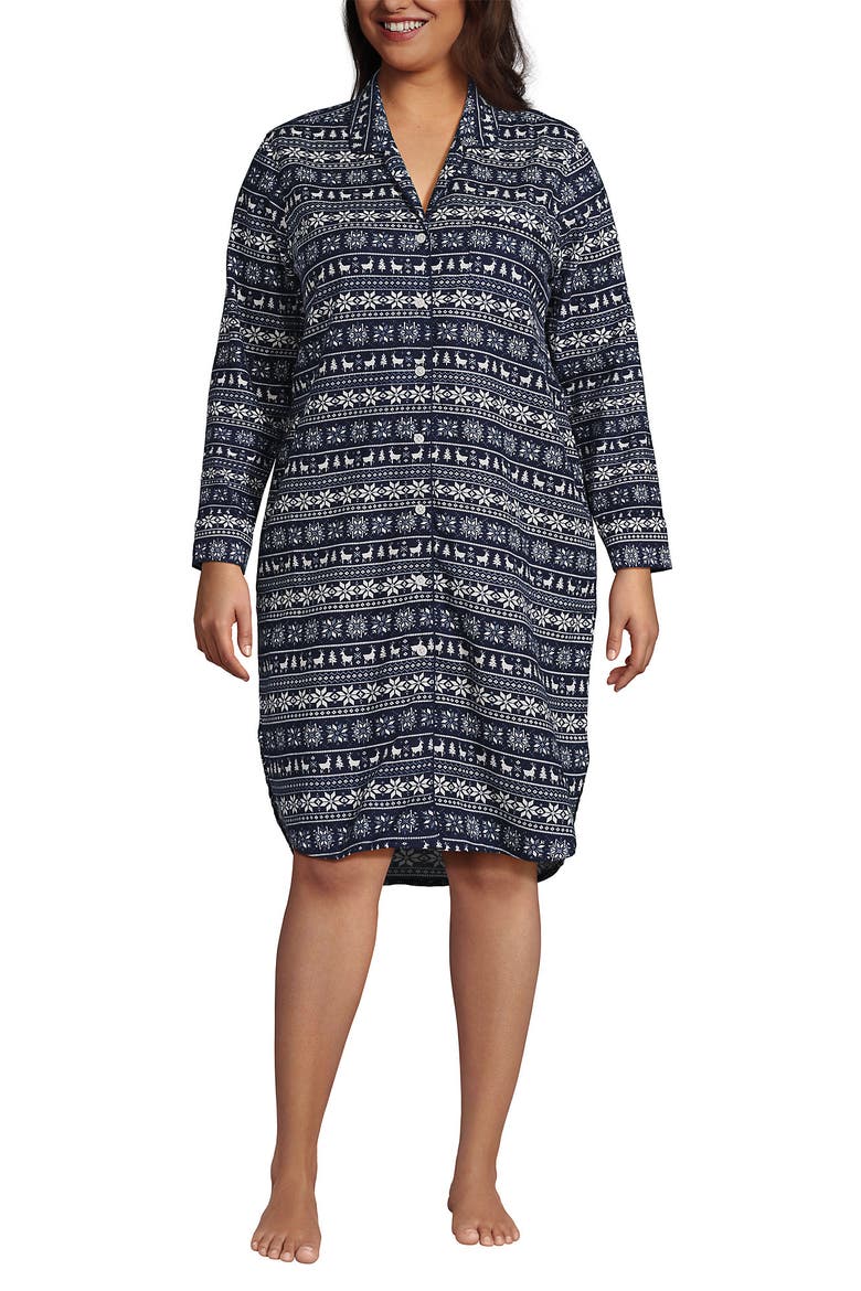 Flannel Long Sleeve Sleepshirt Nightgown, Main, color, Deep Sea Deer Fairisle