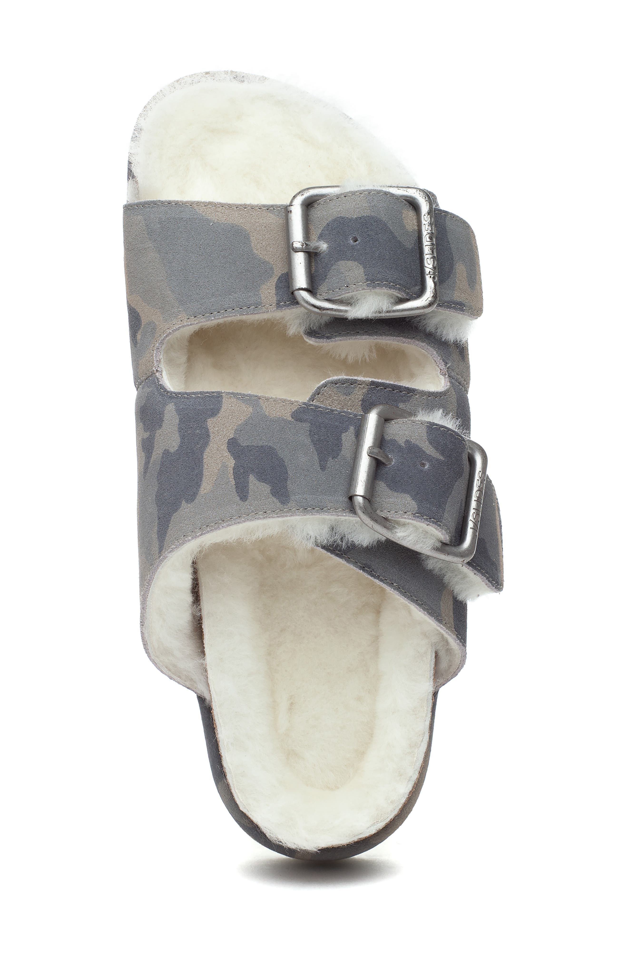 Lynx Genuine Shearling Double Buckle Sandal, Alternate, color, OFF WHITE CAMO SUEDE