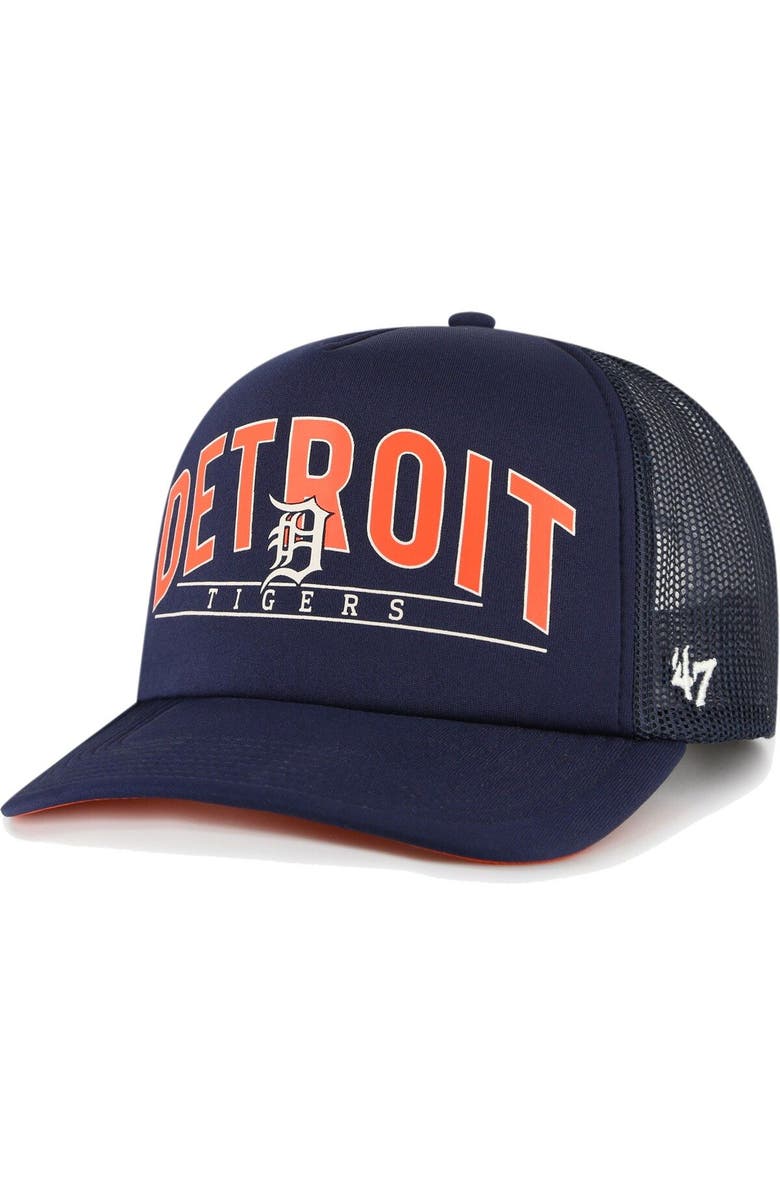 '47 Men's '47 Navy Detroit Tigers Backhaul Foam Trucker Snapback Hat, Main, color,