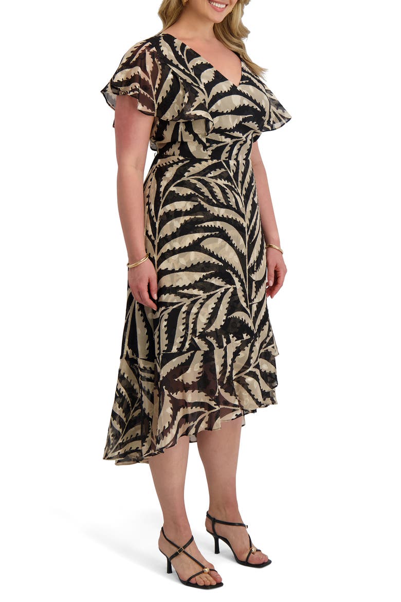 Print Burnout Chiffon Midi Dress, Alternate, color, BLACK/ BONE