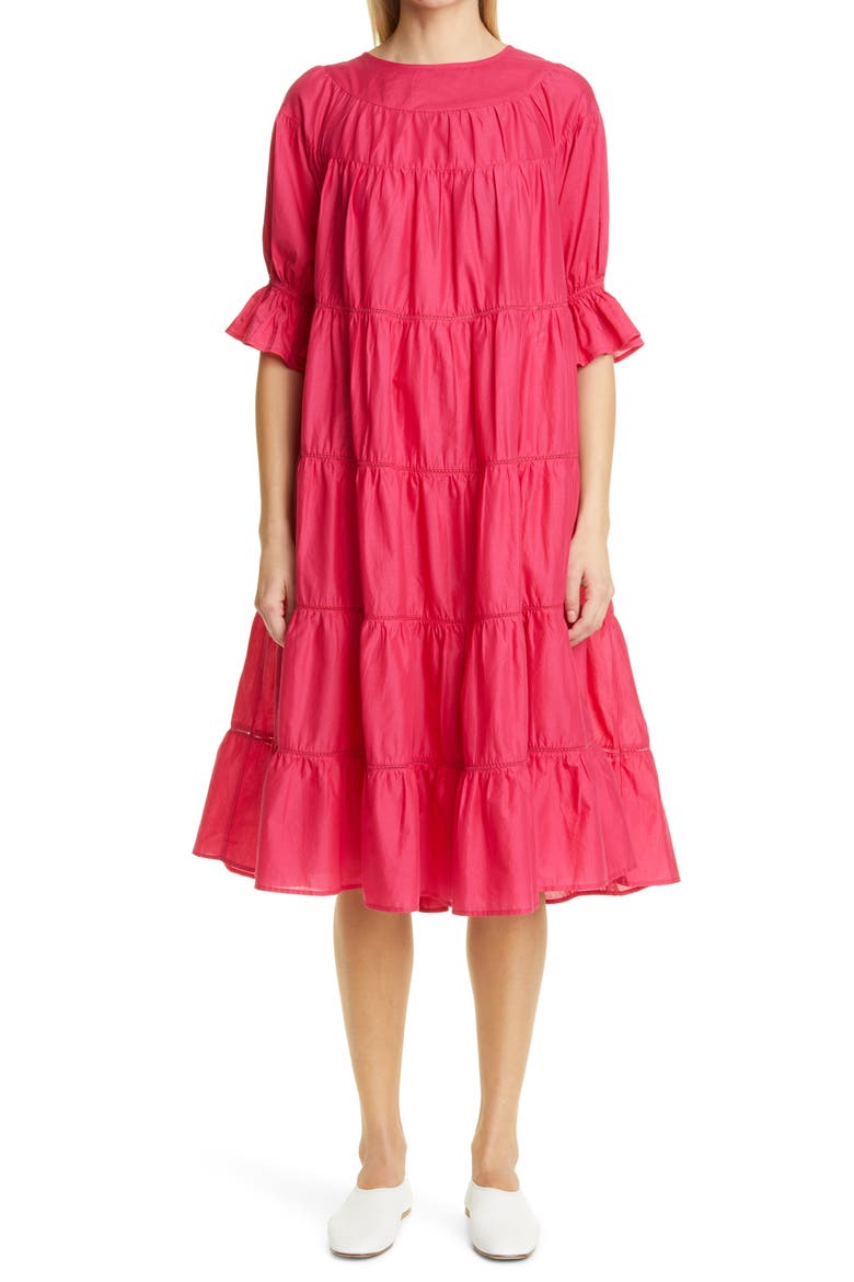 Paradis Tiered Puff Sleeve Cotton Dress, Main, color, SHOCKING PINK