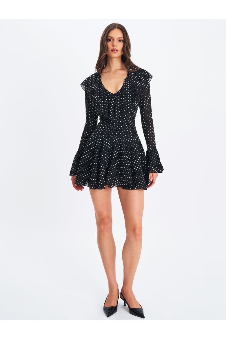 Omari Chiffon Polka Dot Ruffled Neckline Mini Dress, Alternate, color, Black Polka Dot