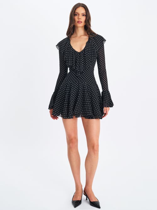Miss Circle Omari Chiffon Polka Dot Ruffled Neckline Mini Dress In Black