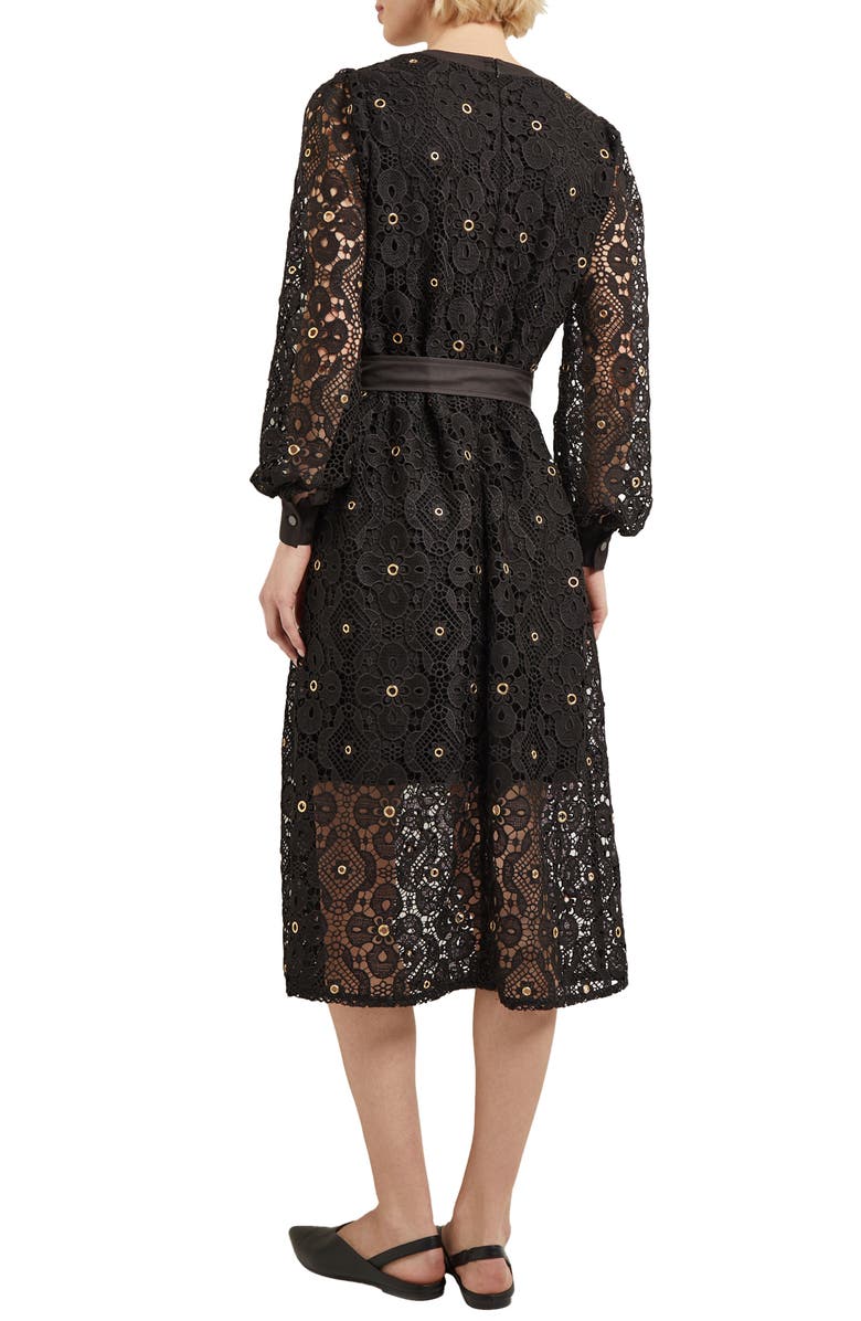 Misook Belted Long Sleeve Grommet Lace Midi Dress, Alternate, color, 