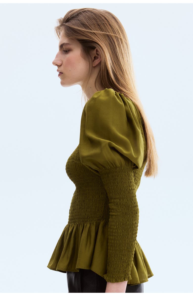 H&M Smocked Viscose-blend Blouse, Alternate, color, Dark Khaki Green
