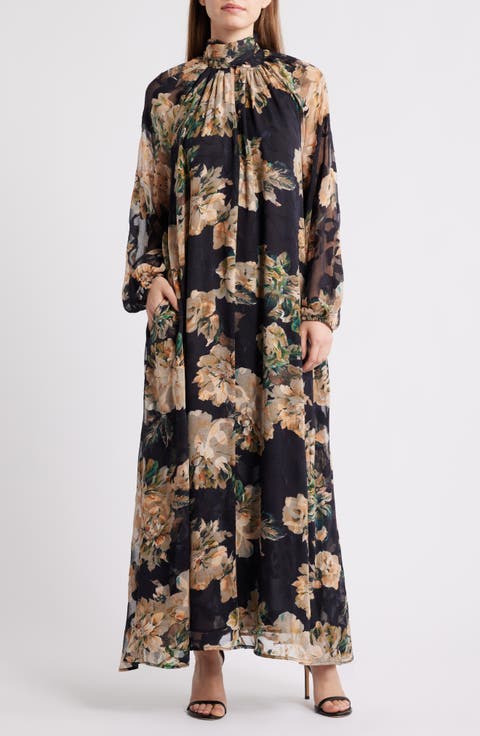 Botanical Tie-Neck Maxi Dress