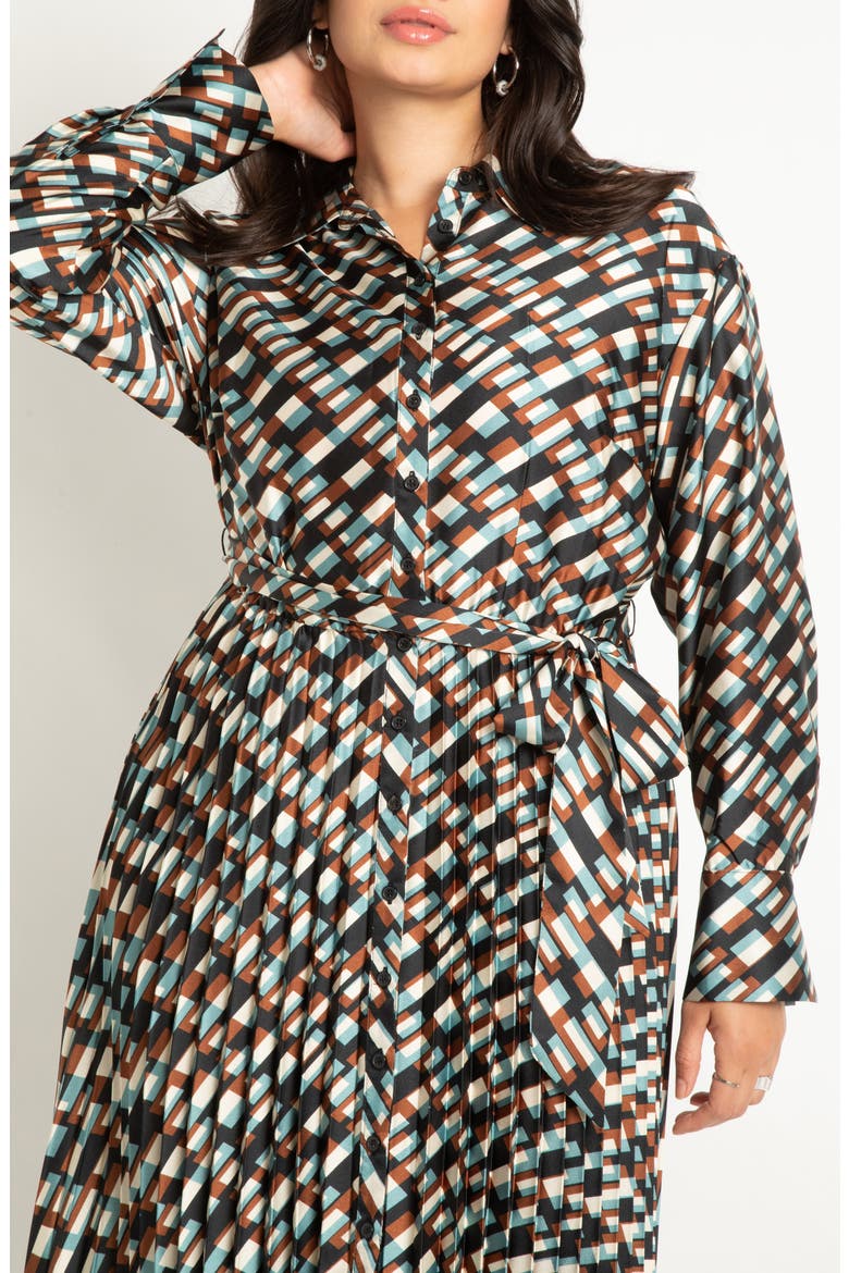 Geo Print Pleated Long Sleeve Maxi Shirtdress, Alternate, color, FOREST WOOD