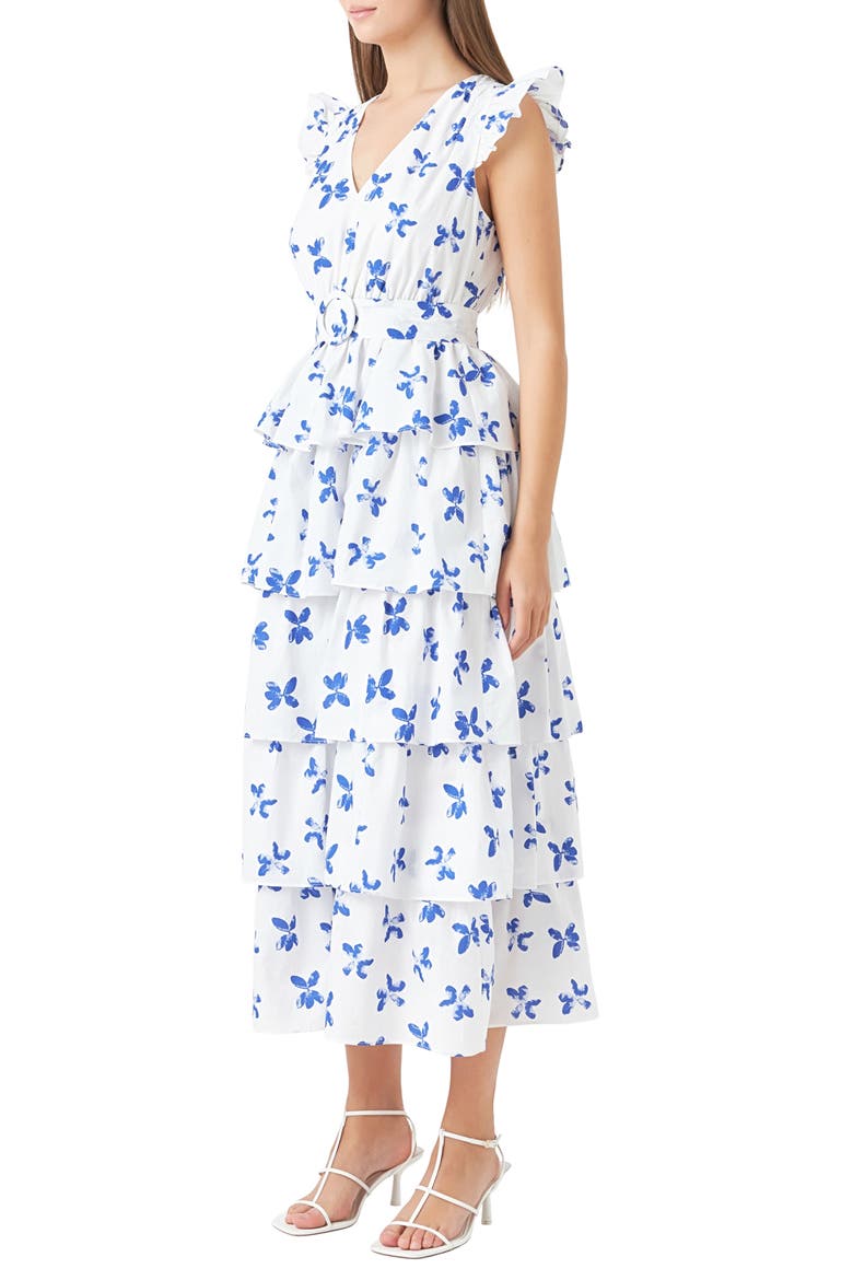 Floral Tiered Belted Maxi Dress, Alternate, color, WHITE/ BLUE