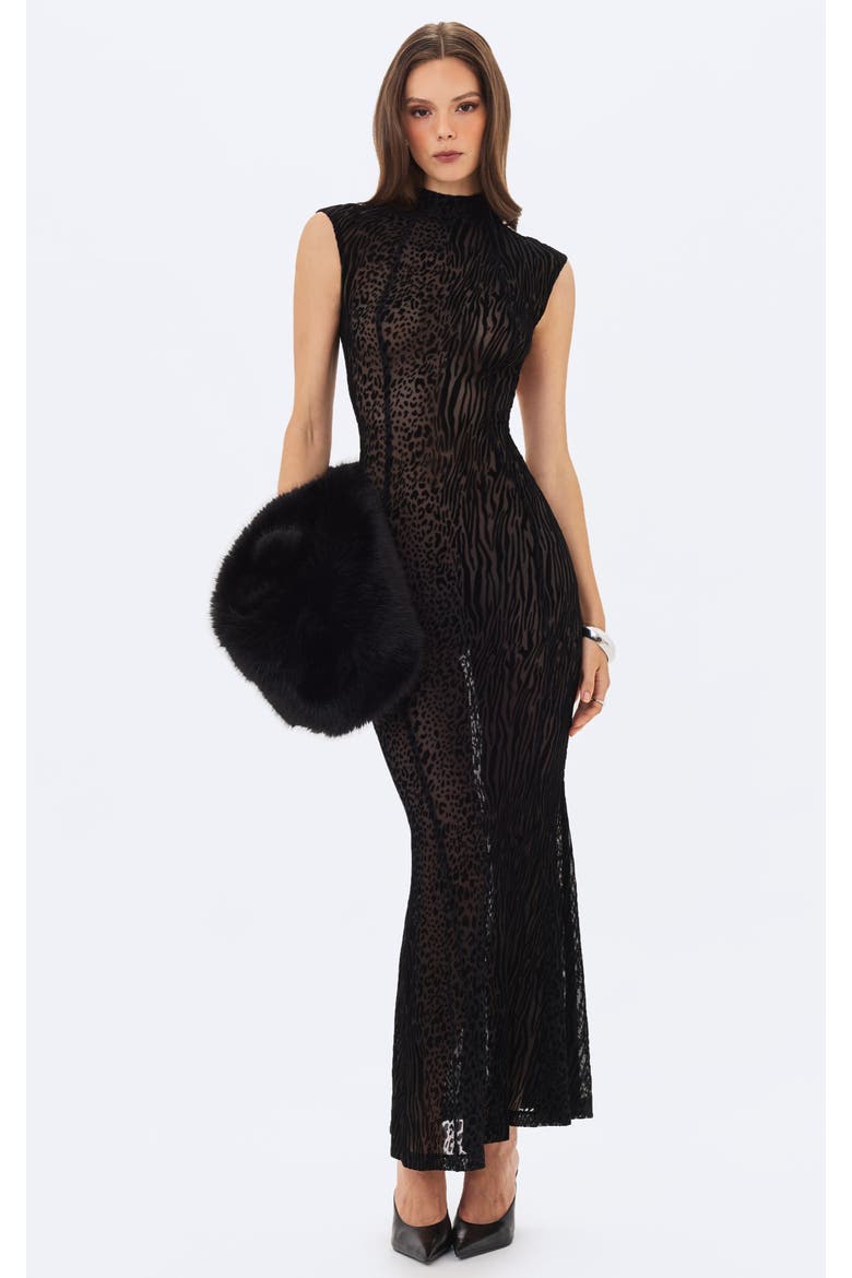 Tyanna Backless Burnout Velvet Mesh Maxi Dress, Alternate, color, Black