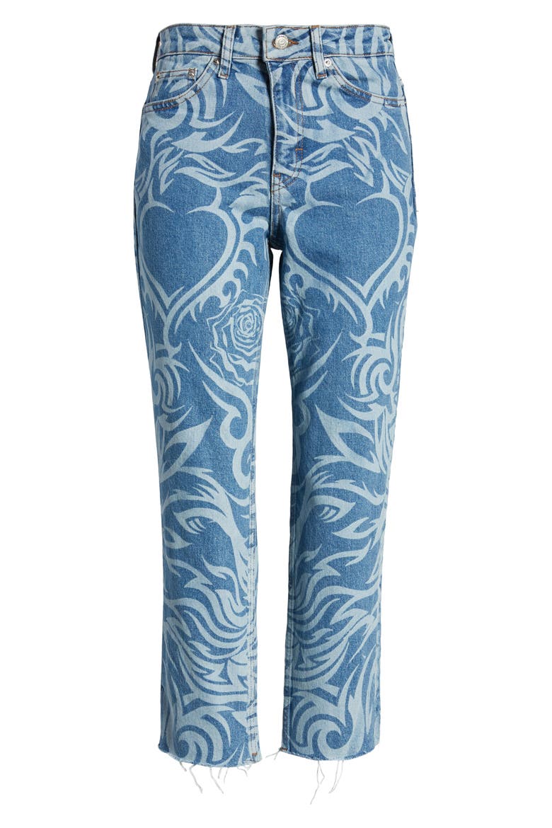 Laser Print Raw Hem High Waist Crop Straight Leg Jeans, Alternate, color, MID BLUE